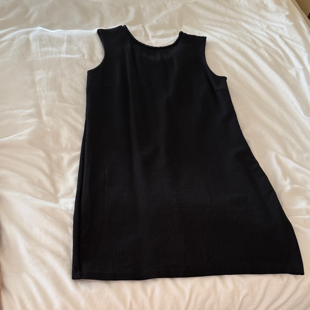 Elegant Black Sleeveless Dress with beaded neckline.